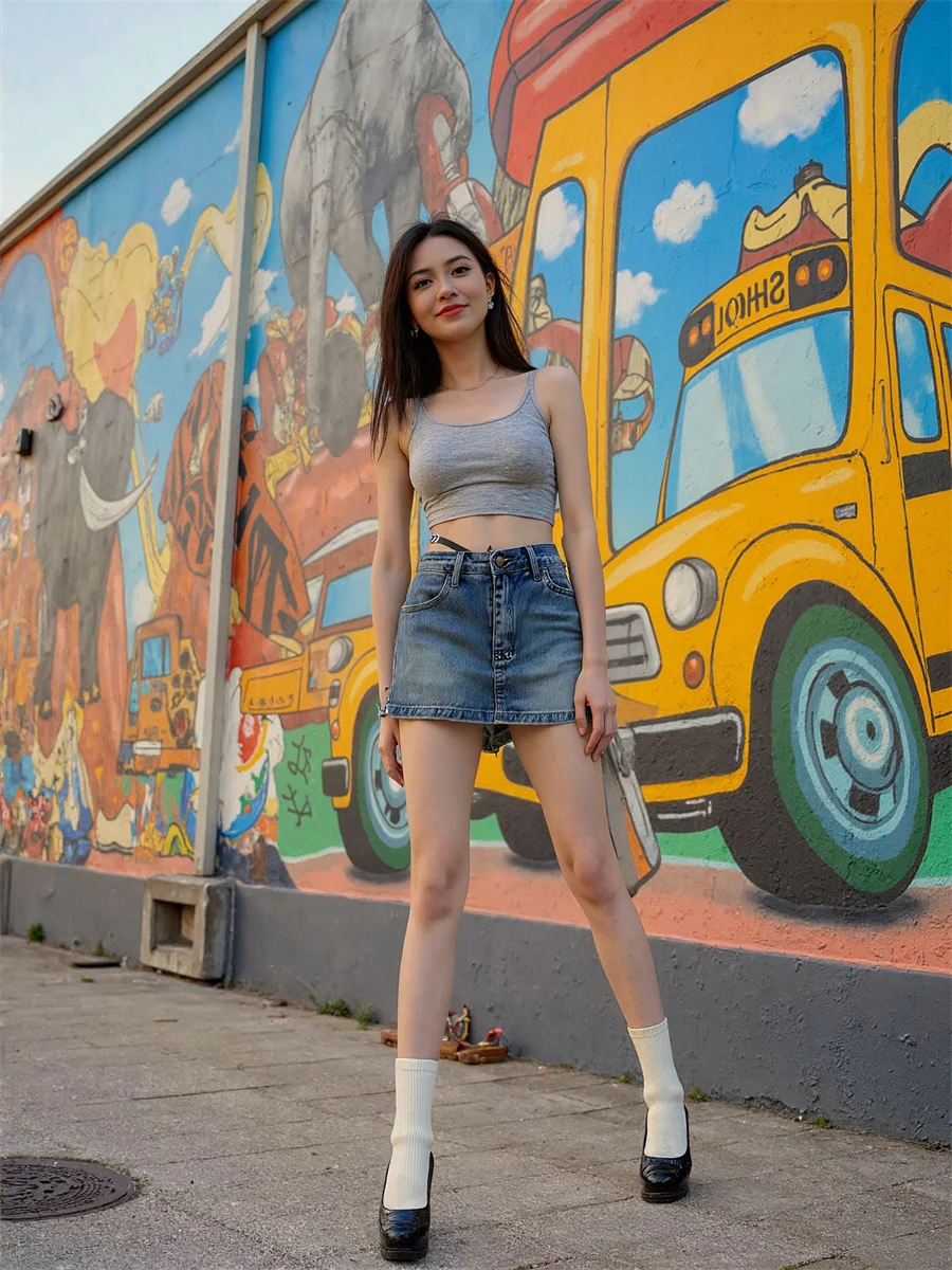 กระโปรงยีนส์เอวสูงทรงมินิ ดีไซน์ไม่สมมาตร รูปทรงแปลกตา ลายเส้นศิลปะ สร้างสรรค์ ทันสมัย แปลกใหม่ ดีไซน์ไม่ซ้ำใคร