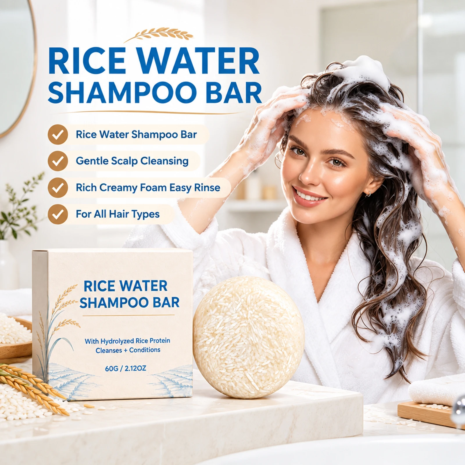 Solid Rice Shampoo Bar Deep Scalp Gentle Cleansing Nourishing Hair Care Smooth Dry Frizzy Hair For Daily Care