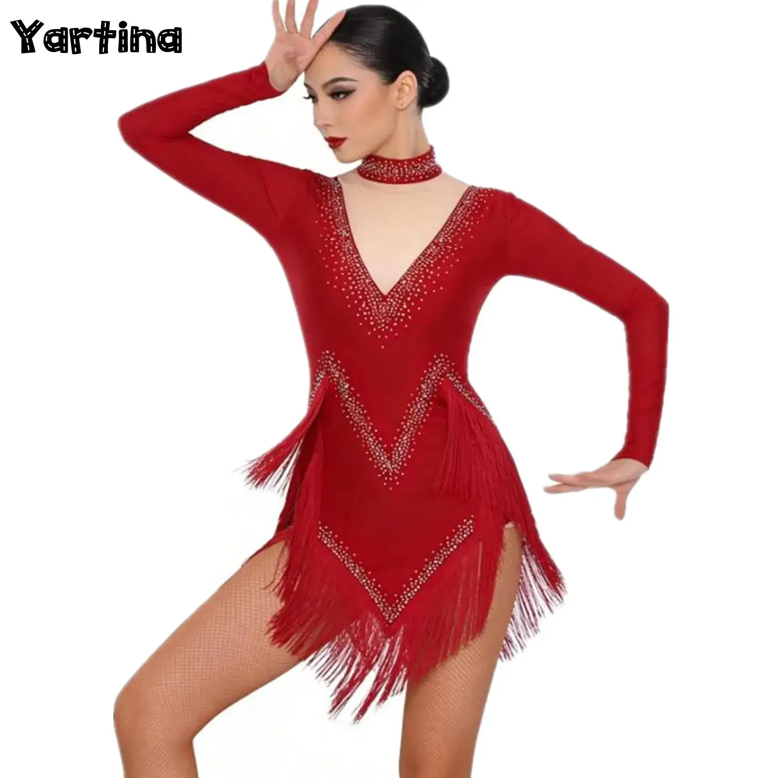 Mulheres borla latina tango samba vestidos de dança palco desempenho traje manga longa bainha irregular brilhante strass vestido de dança