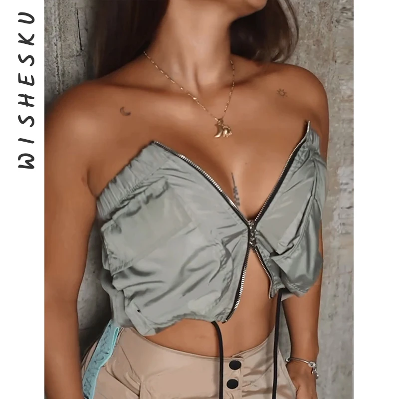 

Vintage Big Pockets Stitching Cargo Camisole Y2K Drawstring Backless Zipper Corset Tube Top 2024 Summer Women Sweats Vests