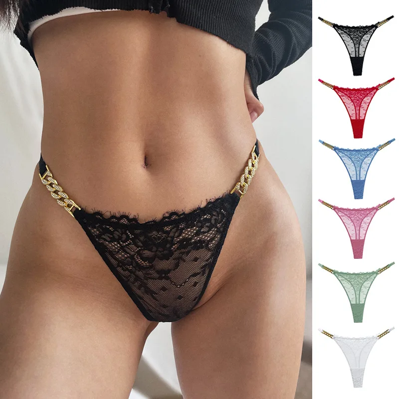 Lingerie com corrente metálica strass para mulheres, cuecas secretas LOVE, roupa íntima com cor fluorescente, calcinha sexy de biquíni, especial e