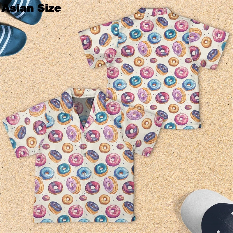 Kawaii Donut Graphic Beach Shirt Casual Food Beach Shirt Cartoon Snack Long Sleeve Blouses Doughnut Lapel Blouse Dessert Tee