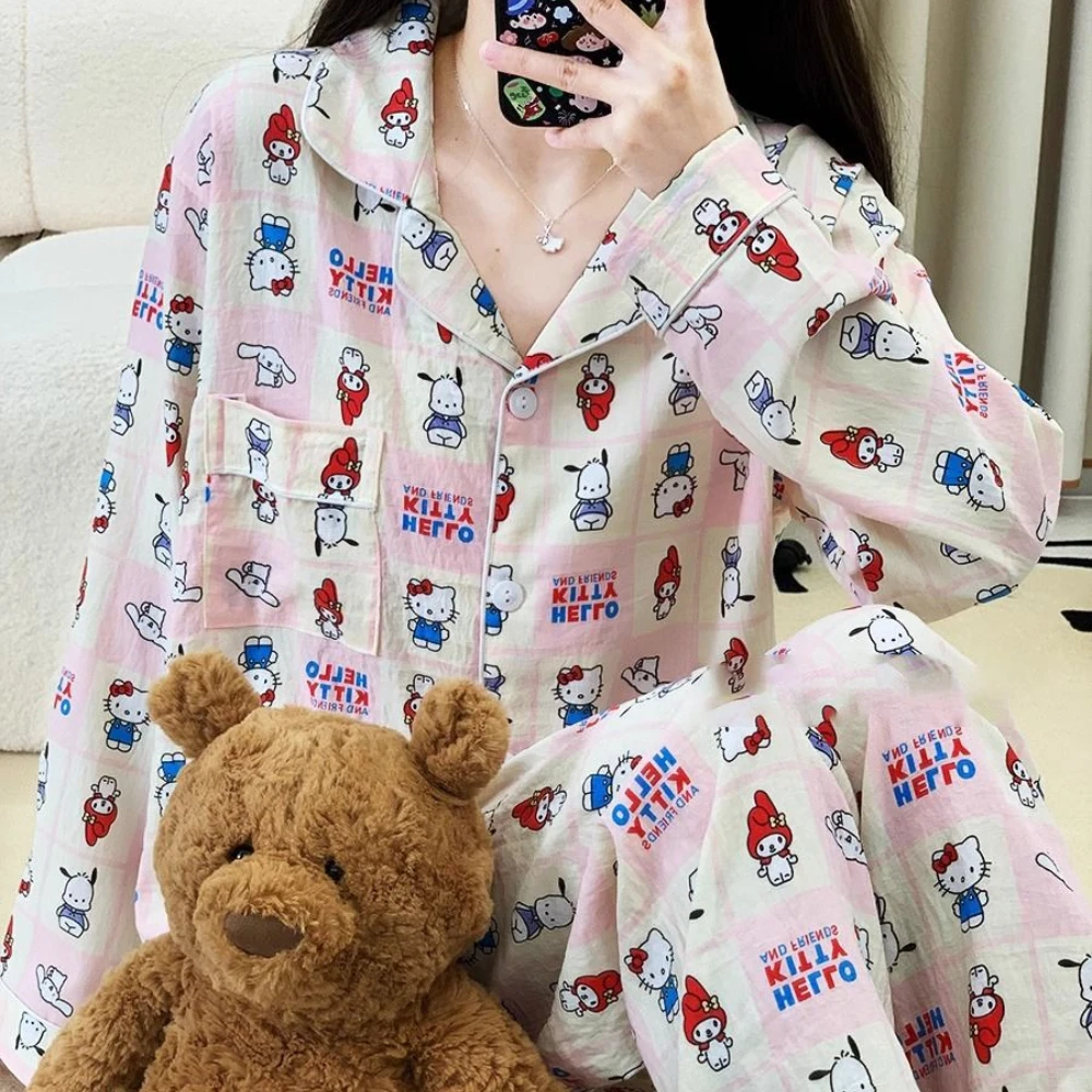 Miniso Hello Kitty Pajamas Pochacco Cartoon Canvas Printed Home Clothes Set New Autumn Dopamine Long Sleeve Cardigan