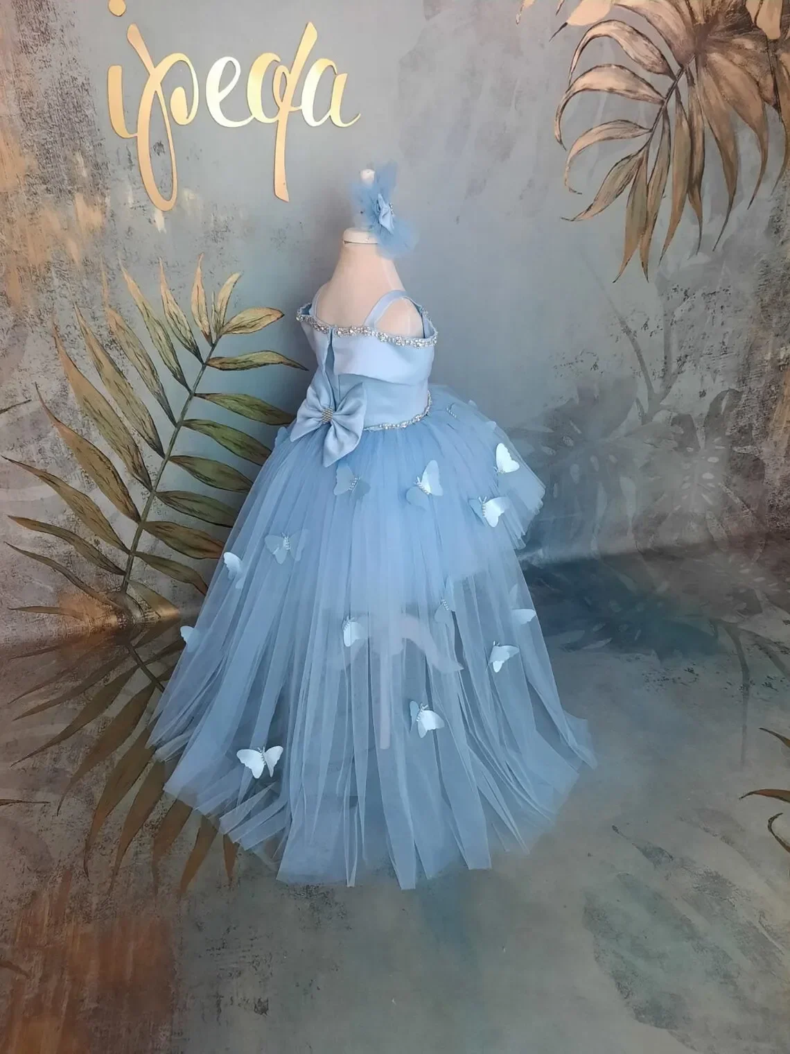 Vestidos de flores azul claro hinchados para niña, vestido de fiesta de cumpleaños de tul, lazo sin hombros, mariposa, vestidos de primera comunión para bebé