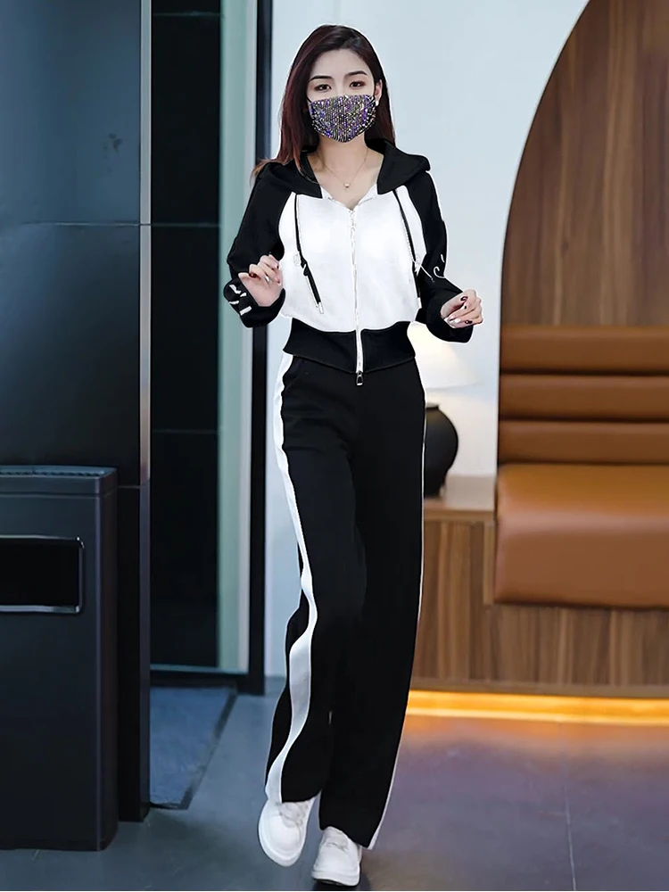 Zip Up Sweatshirt Suit for Women Casual Elastic Waist Wide-Leg Pants Sports and Leisure Outfit Autumn Fashion 2-Piece Set 2023