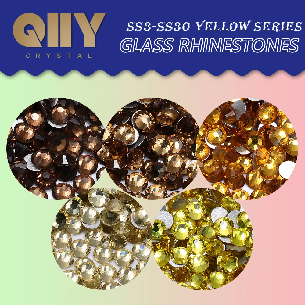 QIIY SS6-SS30 Высококачественные желтые стеклянные стразы, супер яркие круглые без горячей фиксации, плоский клей на 3D камнях для дизайна ногтей «сделай сам»