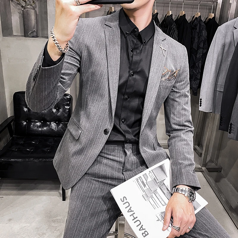 

(Jacket+Pant) British Style Men Striped Business Suits/Male Slim Fit High Quality Groom's Wedding Dress Man Casual Tuxedo Blazer