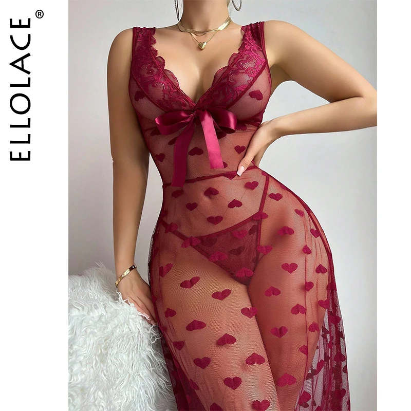

Ellolace Elegant Woman Clothes Romantic Valentine Heart Long Dress Thong 2PC Set Sexy See Through Open Back Cougar Sleep Gown