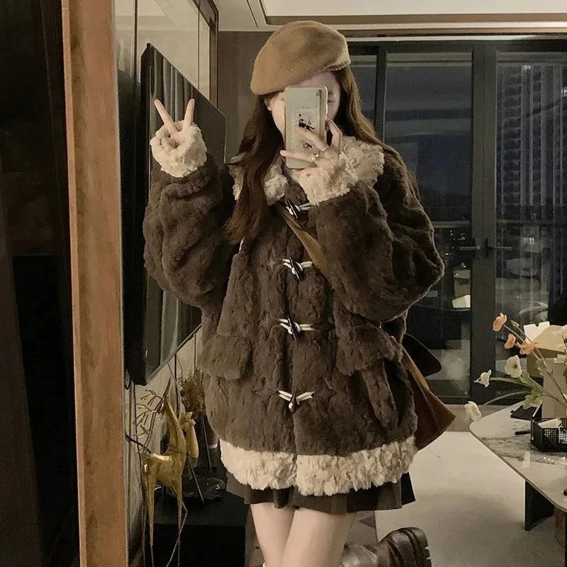 2000s Vintage Elegant Coat Women Winter Thick Warm Faux Wool Loose Jacket Y2K Streetwear Patchwork Casual Hotsweet Outwear New
