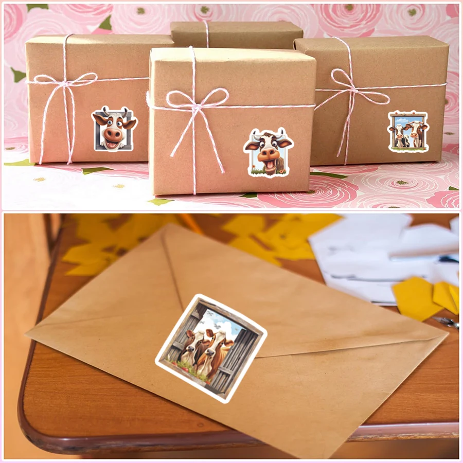 150 Pcs Cartoon Cow Stickers, Funny Square Labels for Journals, Scrapbooks, Bottles, Packaging, DIY Crafts