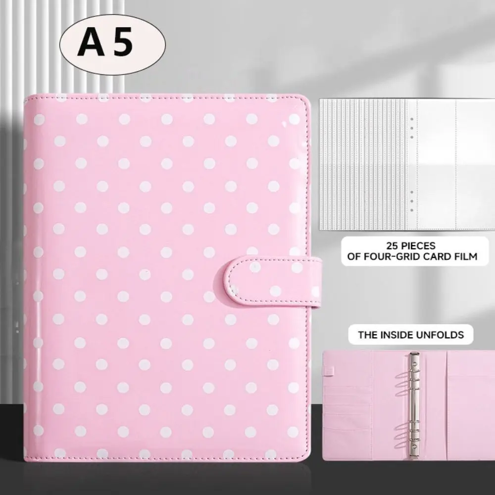 

New A5 Photo Binder Book 6 Ring PU Leather Card Collector Album Polka Dot 4 Pocket Card Pages Loose-leaf Ledger Kpop Albums