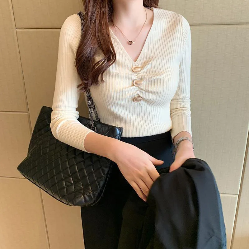 Women Clothing Fashion Elegant V-neck Pullover Autumn Winter Simplicity Cozy Commute Sweater Lady Solid Casual Soft Comfort Top