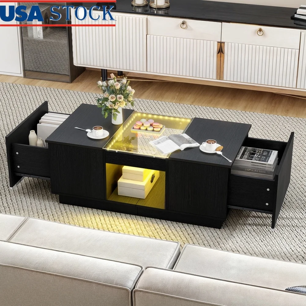 

Modern LED Coffee Table with Storage 2 Tiers and 2 Drawers Wireless Charging Ambient Lighting Stylish Living Room Center Table