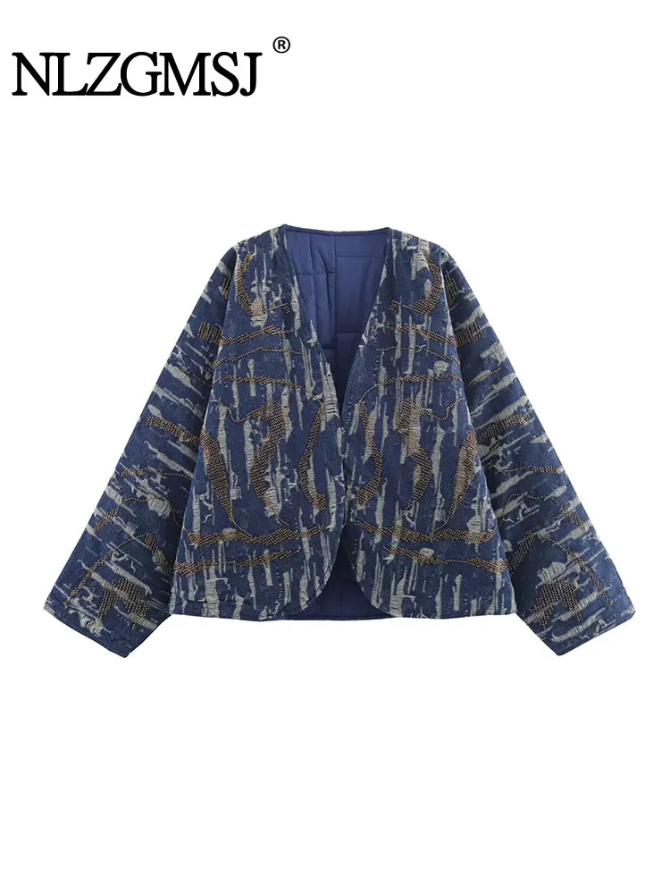 

NLZGMSJ Women's 2025 Autumn Beaded Retro Printed Cotton Jacket Winter Heavyweight Thick V-Neck Streetwear