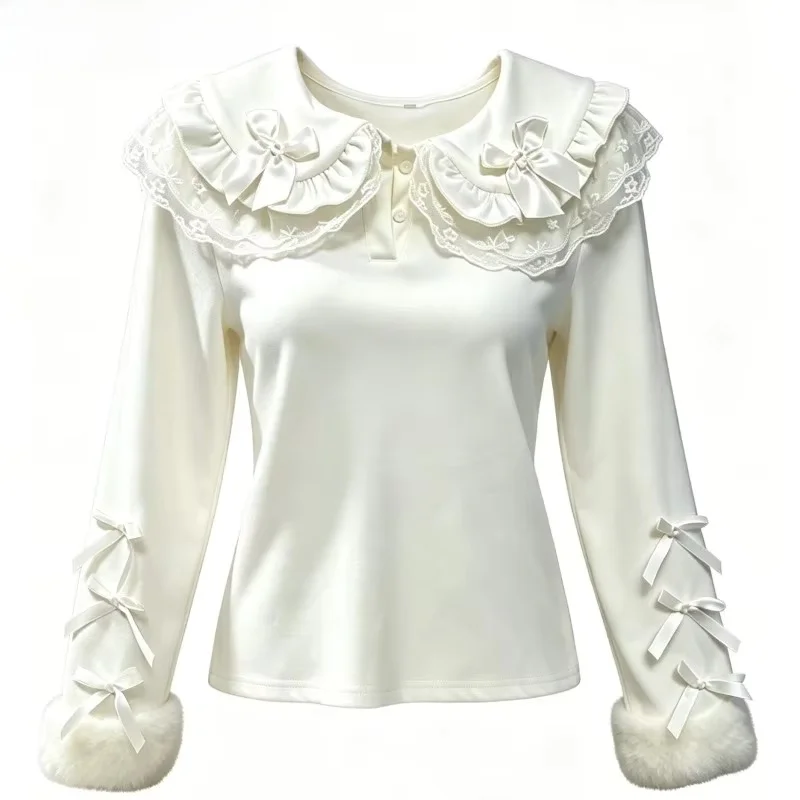 Women's Lolita T Shirt Long Sleeve Peter Pan Collar Bow Solid Ropa Mujer Faux Fur Cuff Slim Fit Japanese Style Fall Winter Top