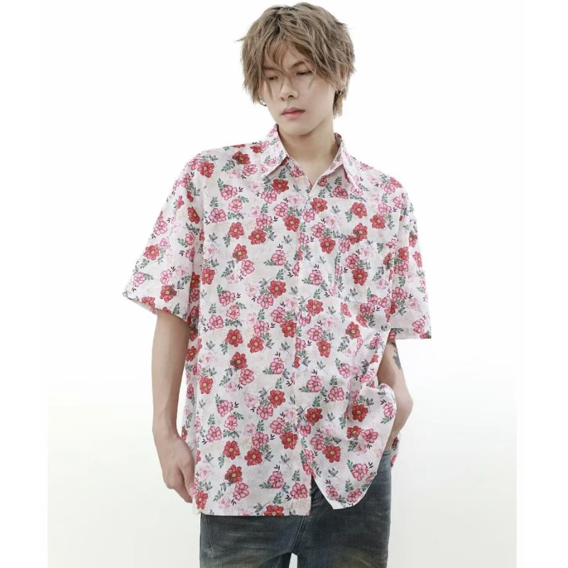 Summer Harajuku Set Mens Flower Print Casual Short Sleeved Top+Gradient Straight Leg Jeans 2-pcs Set High Street Trendy Suit