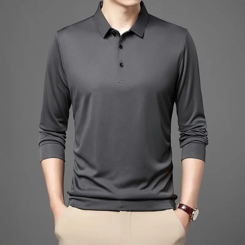 Spring New Solid Color Long-sleeved Lapel Middle-aged and Young Men's Casual Versatile Business Korean Version Thin POLO Shirt