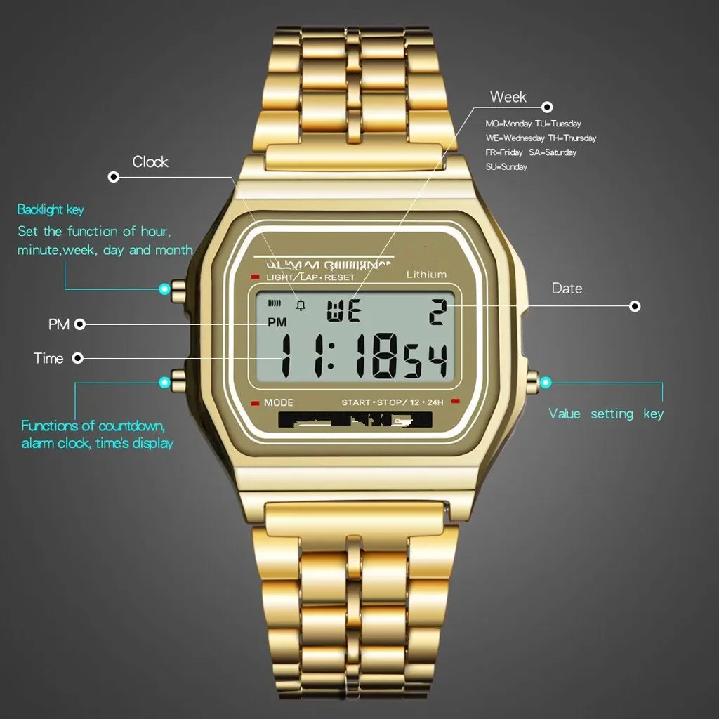 Steel strip LED electronic watch ultra-thin gold and silver cold light watch F91W steel strip original Su Feng fashion multifunc