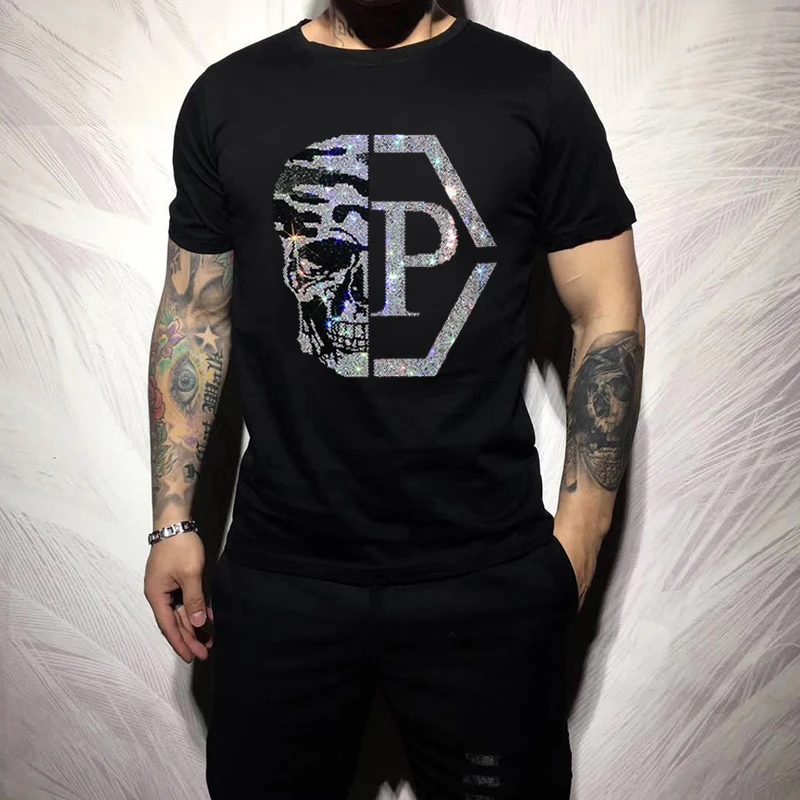 High Quality Hot Sale European Luxury  T Shirt Men New Fashion Cool 3 Designer Rhinestone T-shirts Casual Streetwear Tops