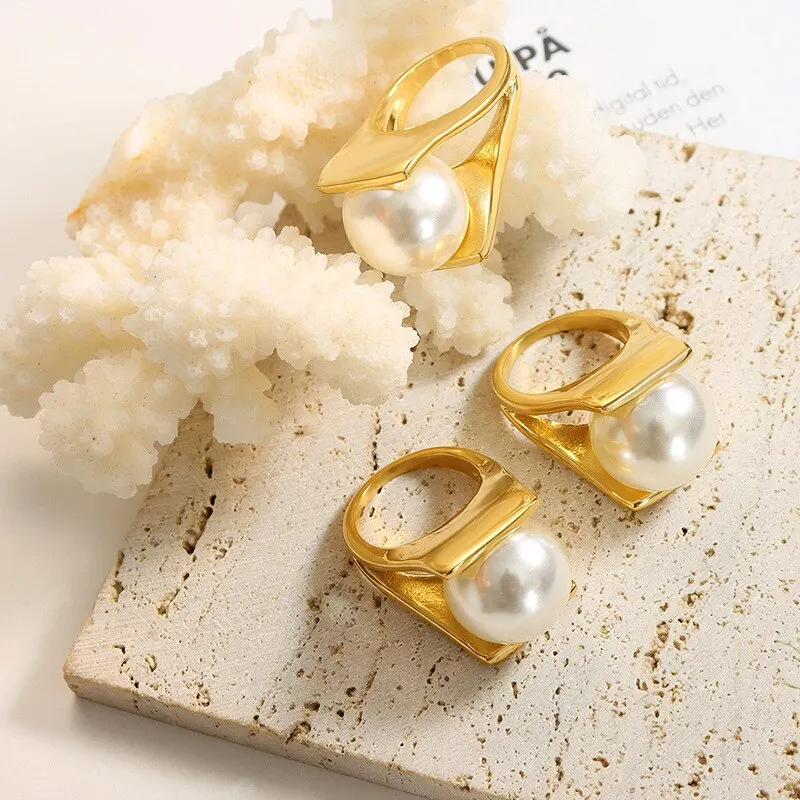 316L Stainless Steel Ring Y Shaped Imitation Pearl Unique Style Ring For Women Exaggerated Personality Jewelry Birthday Party