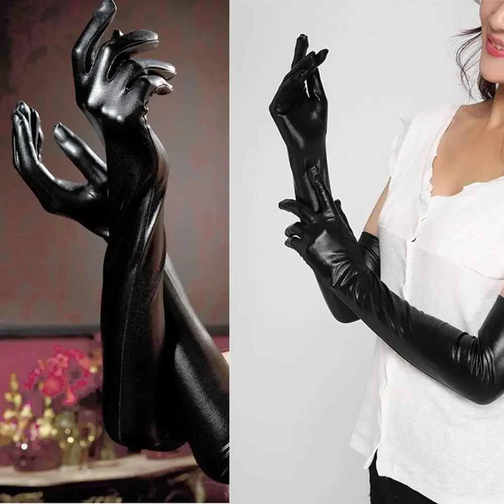 Guantes largos sexis de látex para adultos, guantes negros de piel sintética fetiche Hip-pop para mujer, ropa para discoteca, Catsuit Sexy, accesorio de disfraces Cosplay
