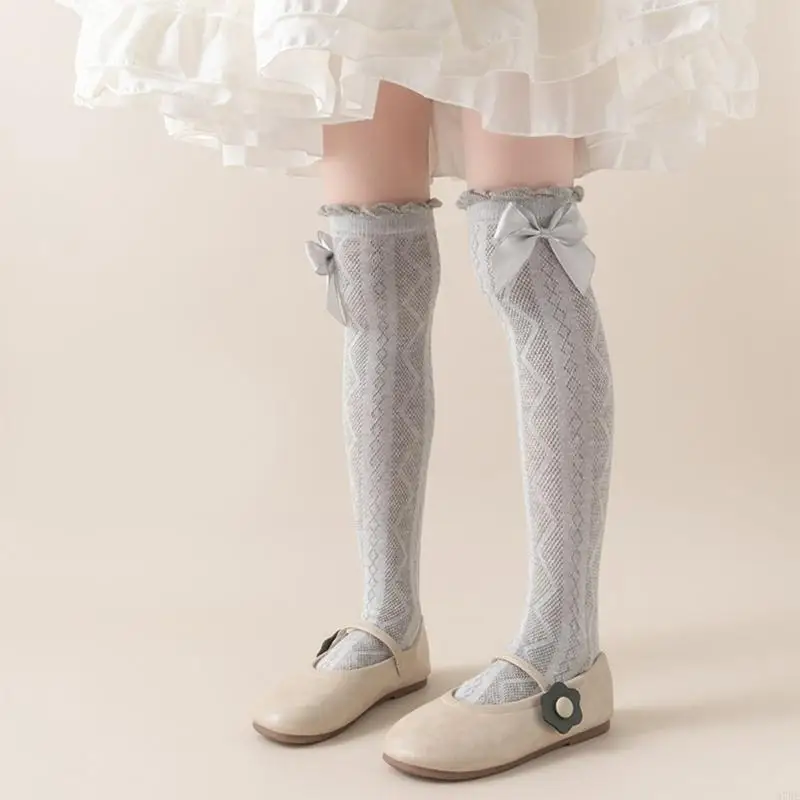 97BE Calcetines transpirables con ribete volantes y lazo sobre rodilla, calcetines suaves para eventos escolares
