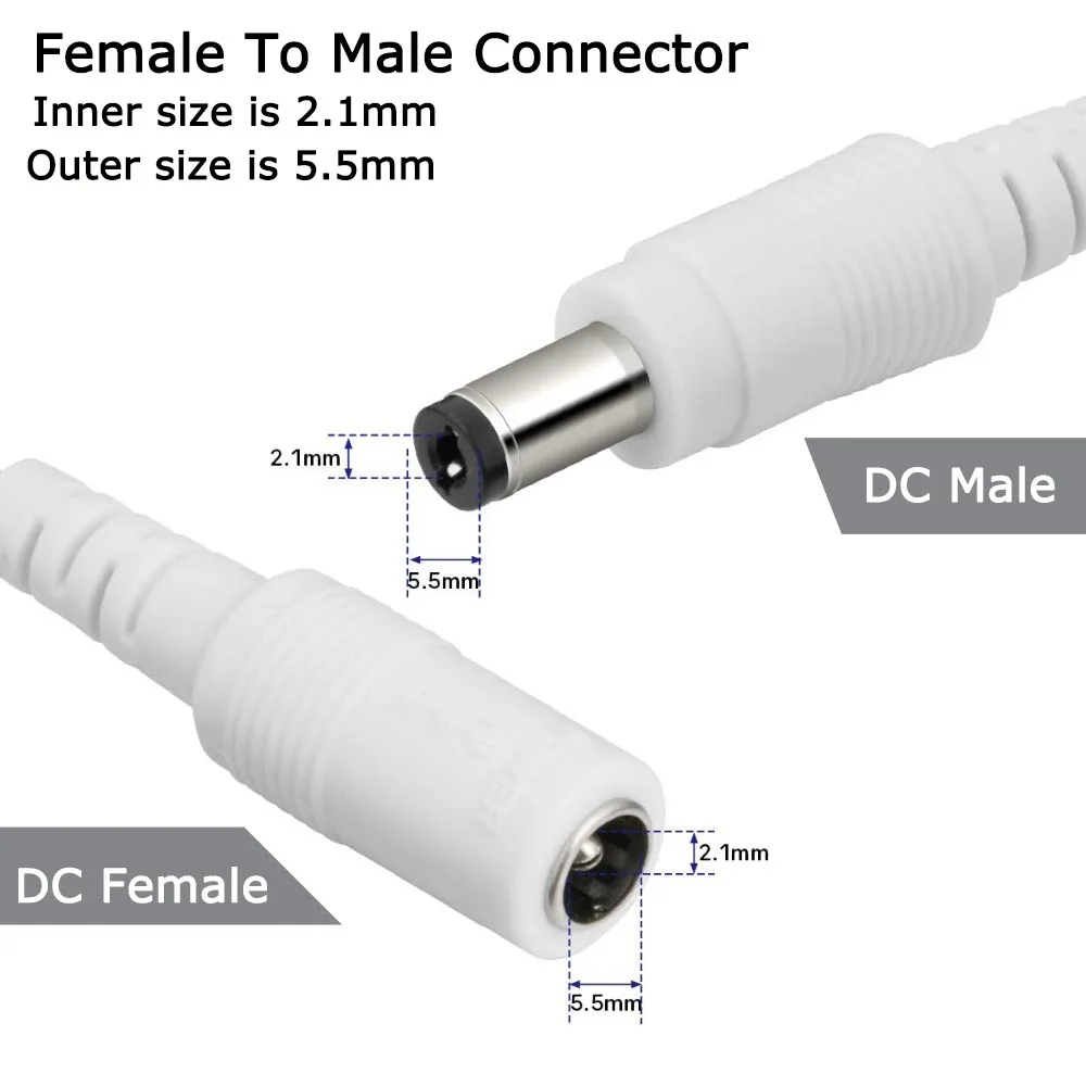 Przedłużacz DC 12V Kabel zasilający męski żeński 2,1 mm * 5,5 mm Przewód elektryczny Biały Czarny 0,5 m 1 m 2 m 3 m 5 m 10 m Przedłużacz do kamery