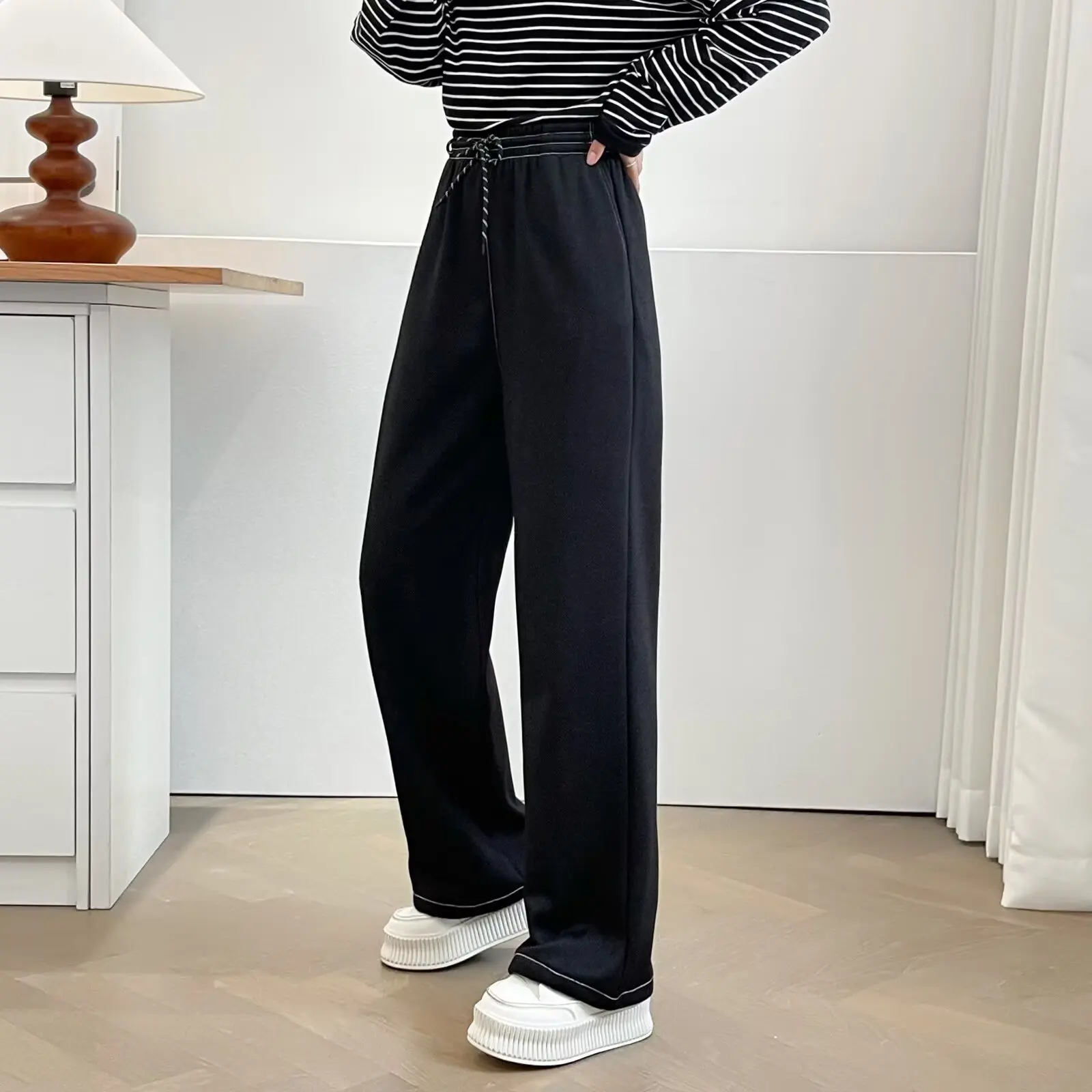 Odzież damska XXXXL Plus Size, spodnie z szerokimi nogawkami, zimowe, nowy styl, proste spodnie z prostymi nogawkami z ciepłym polarem, codzienne 2528