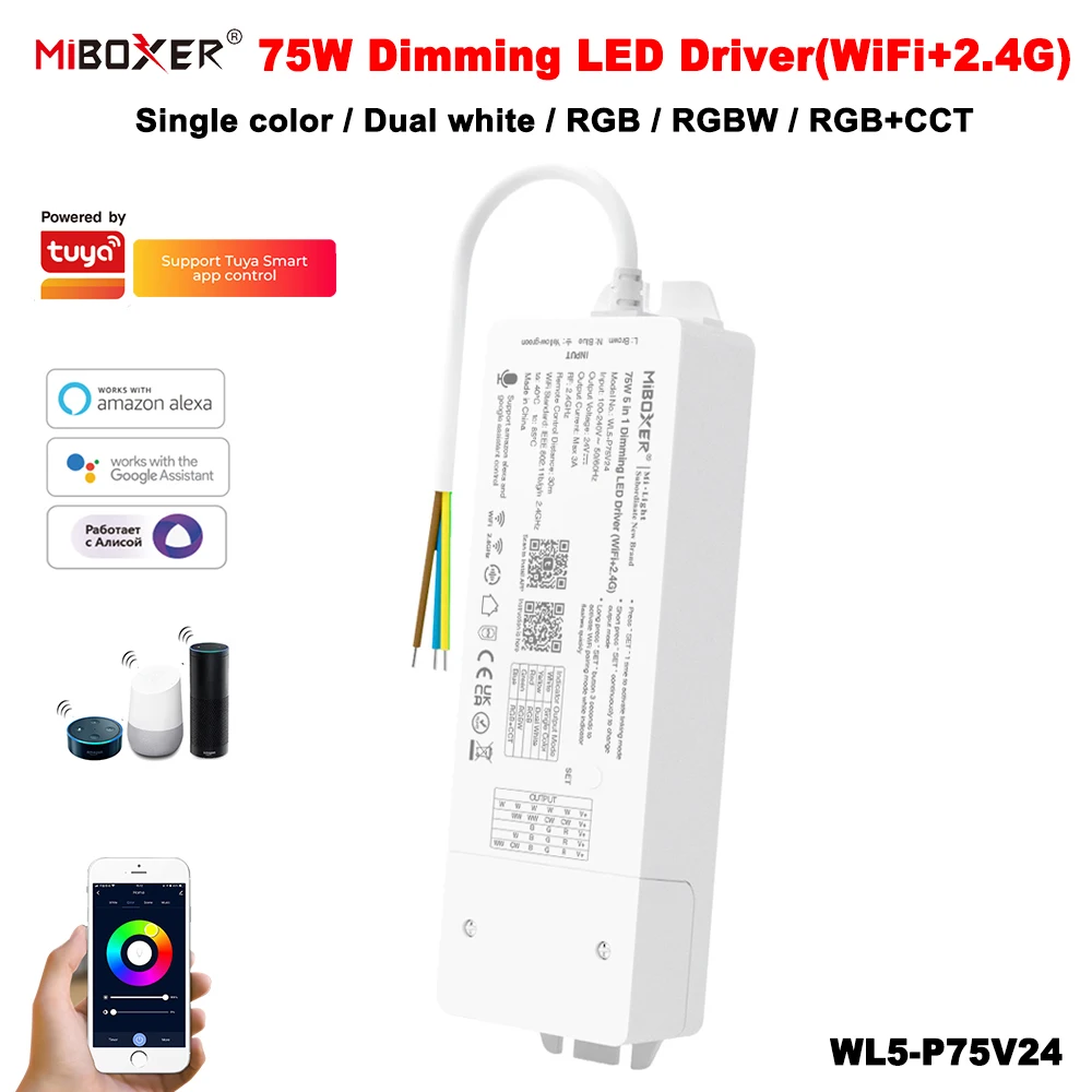 MiBoxer WL5-P75V24 5In1 Tuya Smart 24V75W WiFi+2.4G Dimmer Built-in Driver for Single Color/Dual White/RGB/RGBW/RGBCCT LED Strip