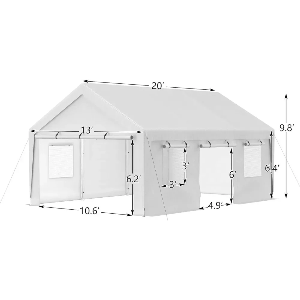 13x20ft Carport Garage with Mesh Windows, Removable Sidewalls, UV Resistant Waterproof All-Season Tarp, Portable Carport Garage