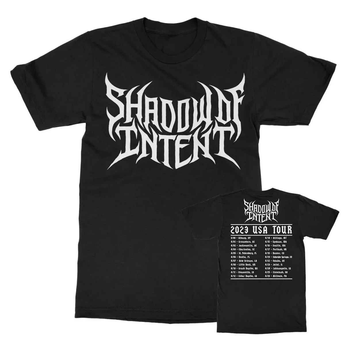 Shadow of Intent 2023 USA Tour Graphic Print T‑Shirt, Features Front Bold Sharp Death‑metal Band Logo Print
