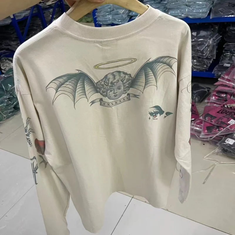 Vintage Pre-washed Cream Long Sleeve T-Shirt Men Double Sided Spider Angel Tattoo Oversized Cotton Top