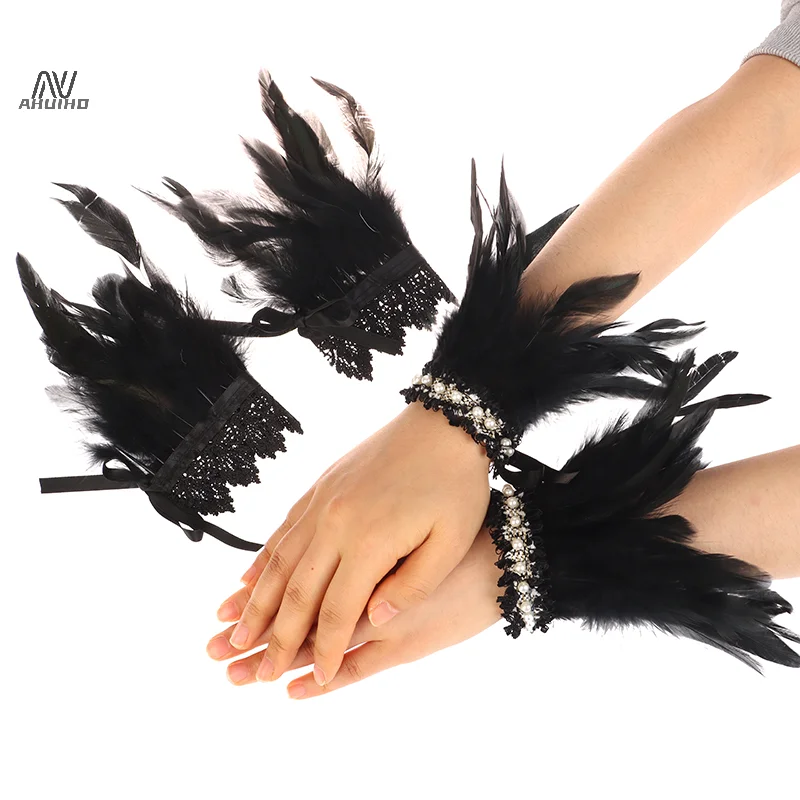 Black Feather Wrist Cuffs Retro Vintage Punk Gothic Feather Cuffs For Women Man Halloween Party Goth Rave Costume Cosplay Prop