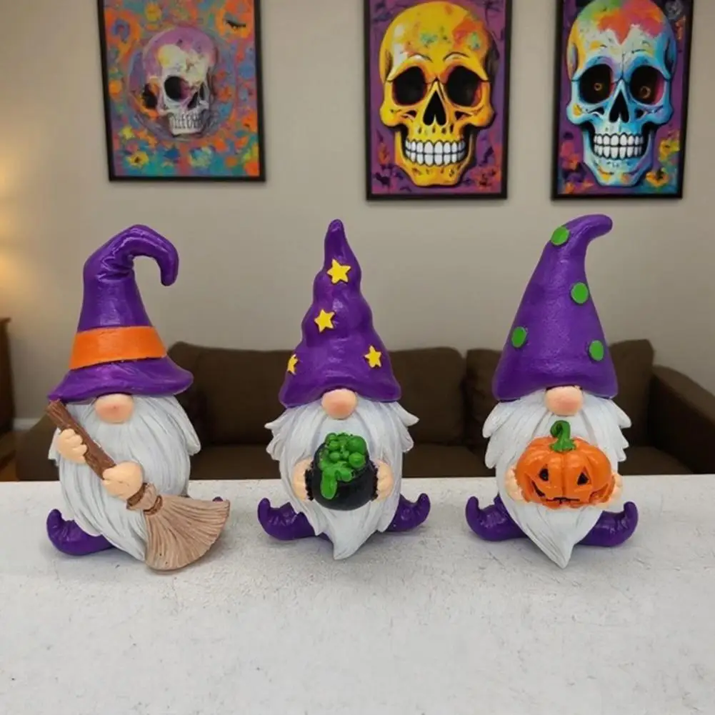 Halloween Gnome Set Resin Spooky Ornaments Halloween Gnome Resin Figurine with Broom Cauldron Spooky Pumpkin for Desk for Home
