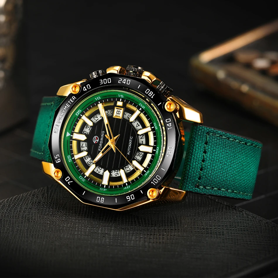 FORSINING Brand Skeleton Watch Automatic Self Wind Mechanical Wristwatch with Green Linen Strap