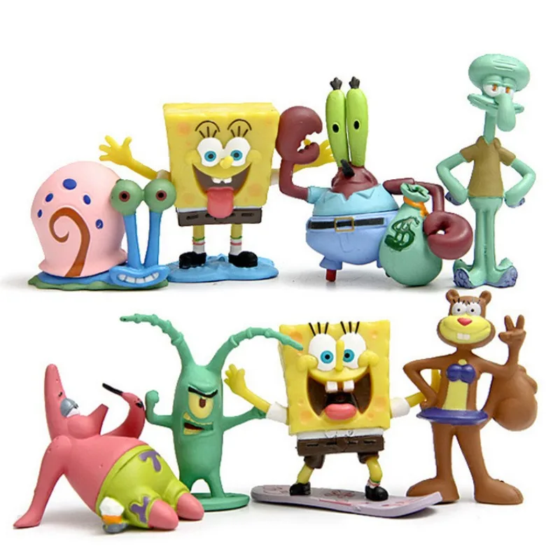 8Pcs SpongeBob SquarePants Ornament Doll Toy Hand Model Cake Fish Tank Micro Landscape Scene Shape Ornament Boy Birthday Gift