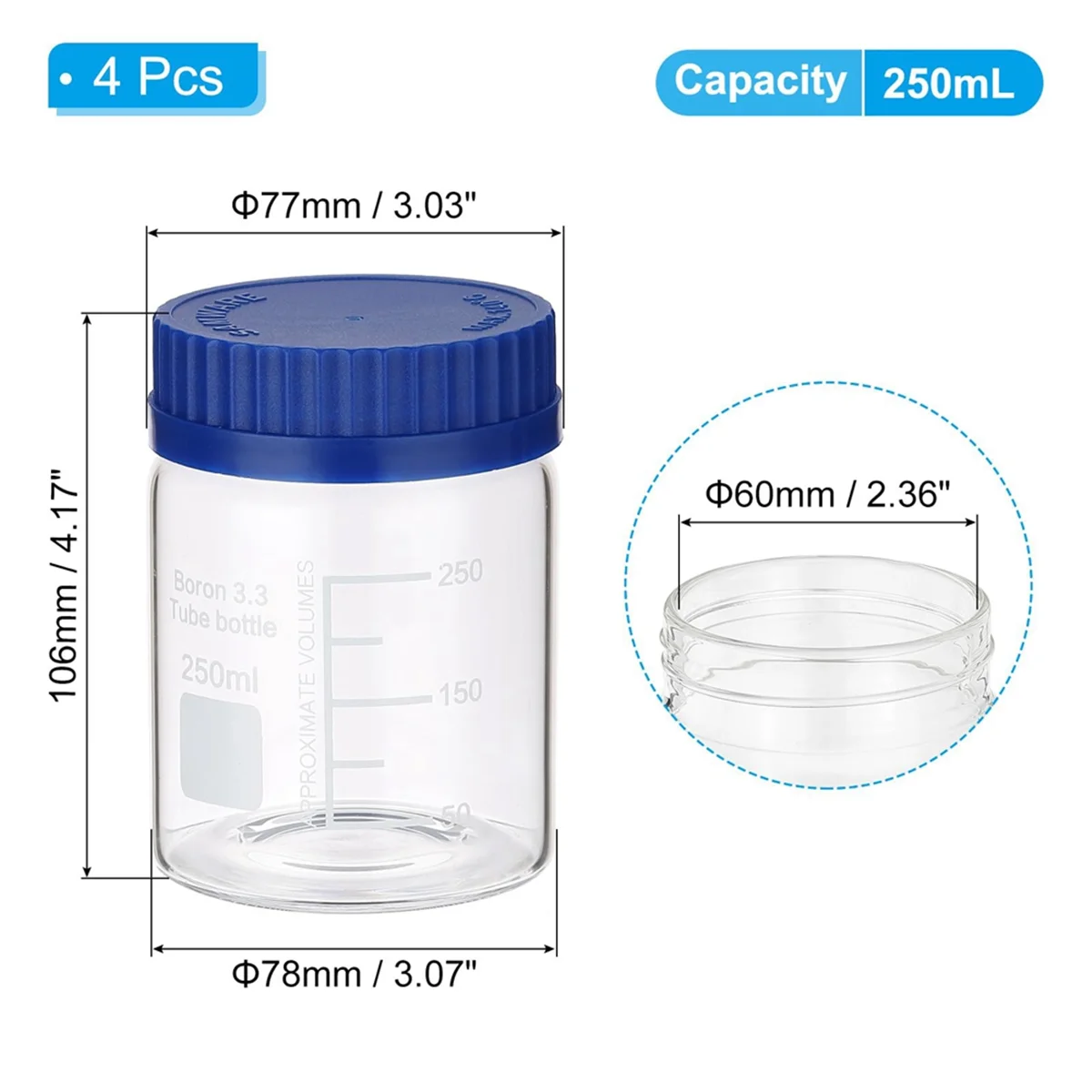 4 Pack Reagent Media Storage Bottles, 250ml Borosilicate Glass Wide Mouth Graduated Round Bottles with GL32 Screw Cap