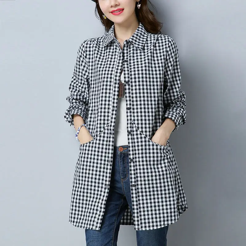 Frauen Langarm Casual Plaid Shirt Herbst Mode Koreanische Polo-Neck Vintage einreiher Taschen Bluse Weibliche kleidung