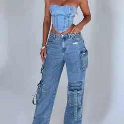 Pantaloni Cargo dritti in Denim con tasche Multiple per donna Streetwear 2023 autunno inverno nuovo Design Soild Jeans Casual leggermente elasticizzati