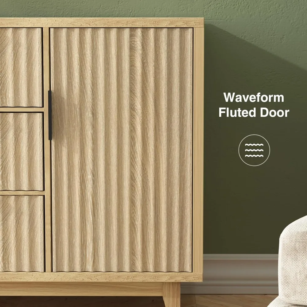 خزانة تخزين 2 وات مع 3 أدراج، خزانة بوفيه مخدد مع مساحة تخزين، خزانة جانبية كبيرة مع بابين، حديثة في منتصف القرن #3