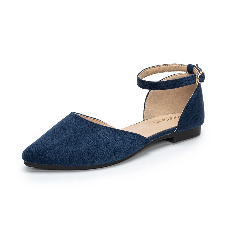 Lady Mary Jane Buckle Strap No Heel Sandals Elegant Flock Shoes Cover Heels Flats For OL Black Blue Green Wide Fitting