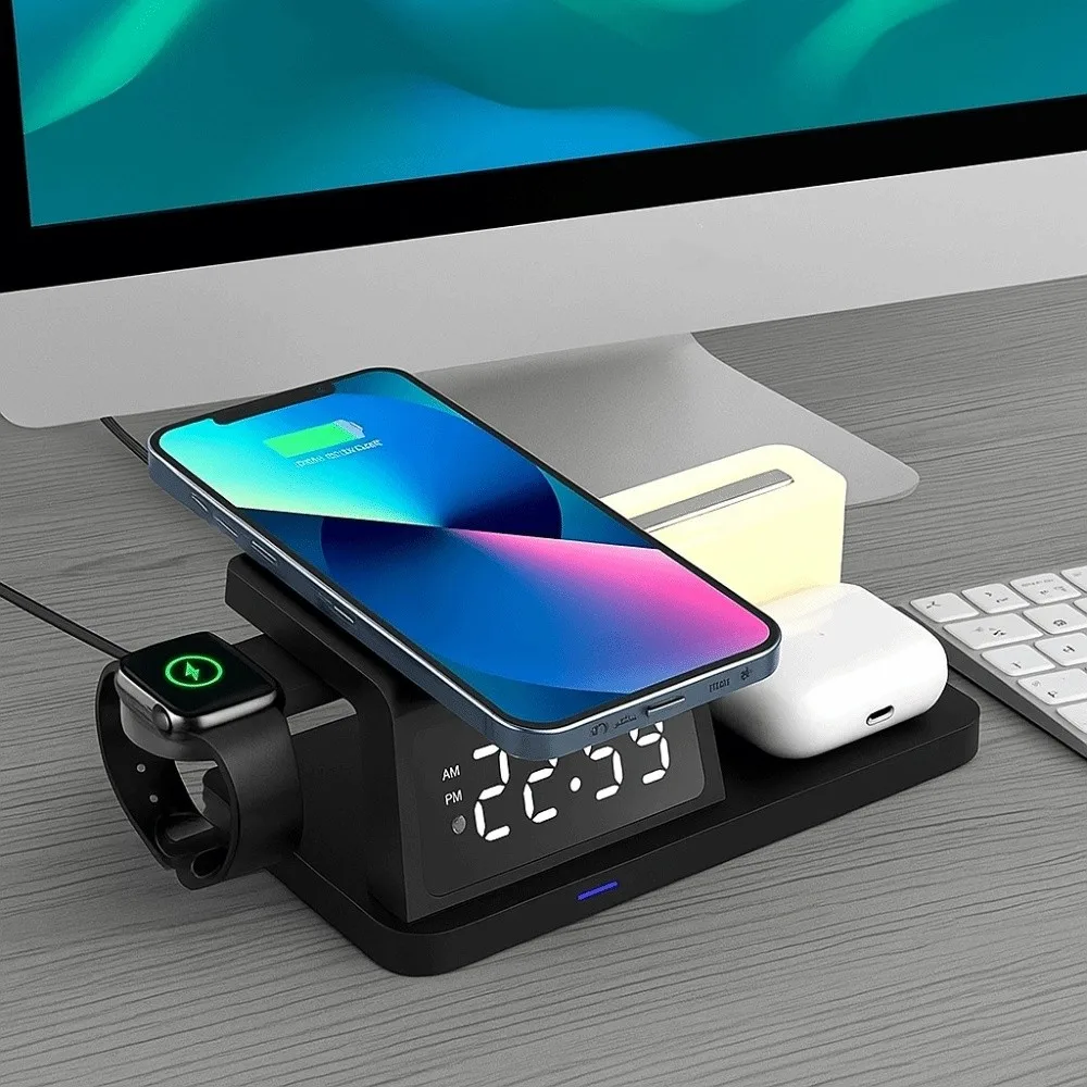 Plastic Wireless Charging Clock LED Display Earphone Charging Multi Functional Desktop Charger with Watch Stand Fast Charging