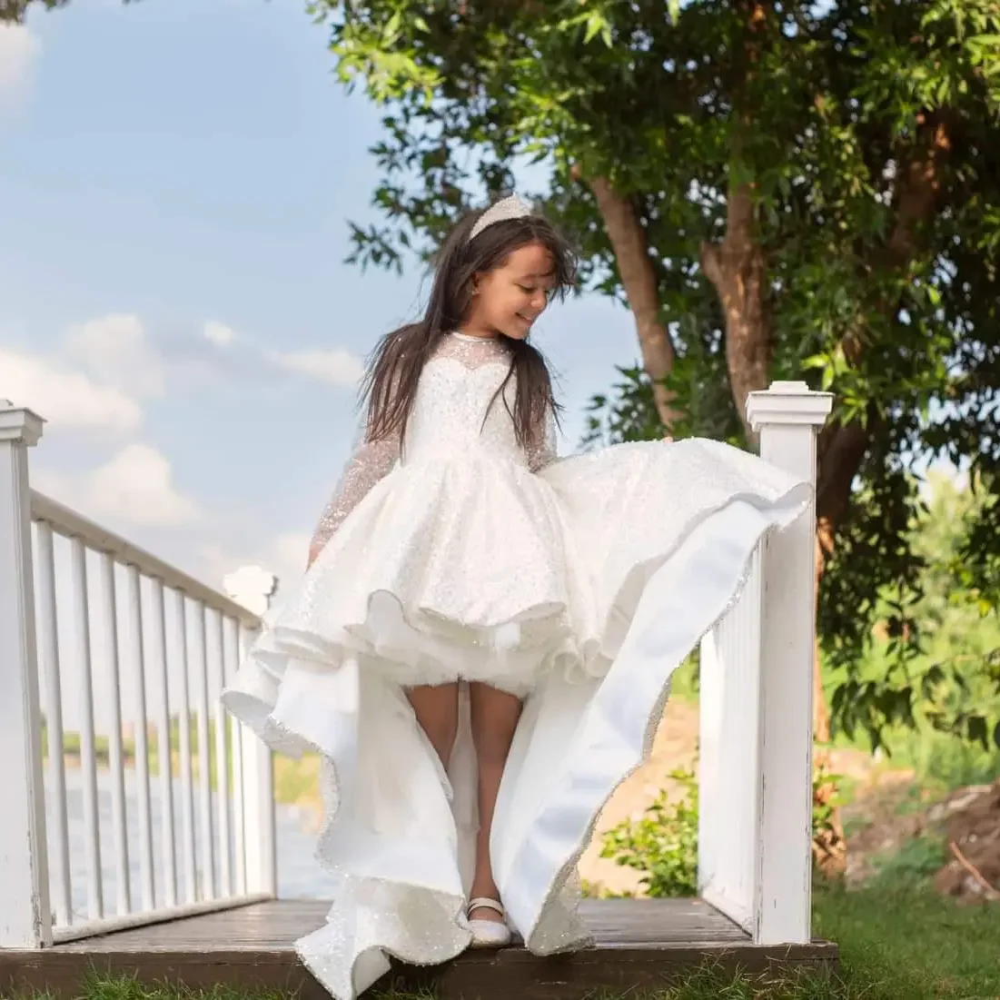 Shiny White Flower Girl Dresses for Wedding Full Sleeves Sequins High Low Kids Party Birthday First Communion Gown Custom