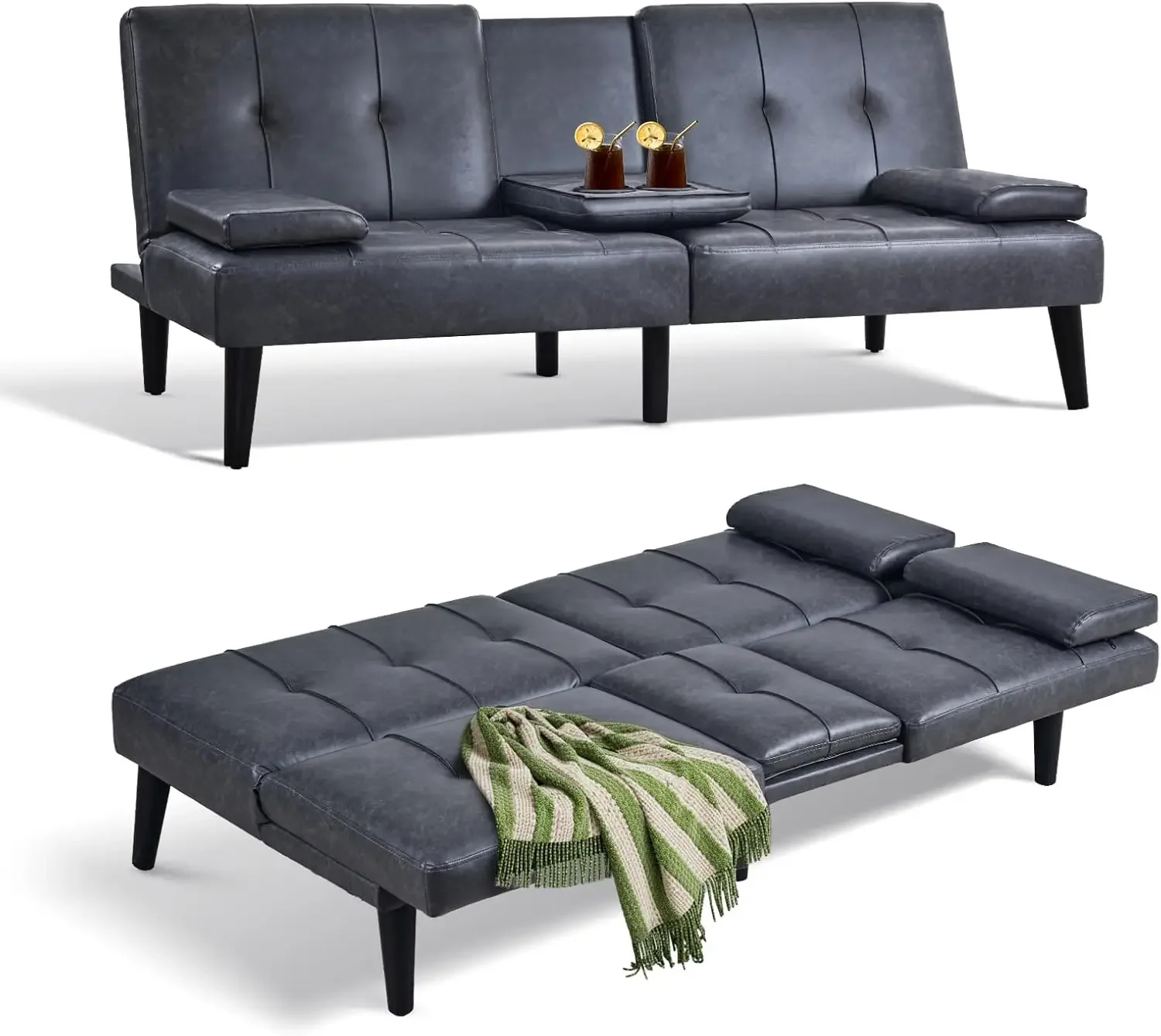 Futon Sofa Bed-Leather Small Futon Couch, Futon Lounge Sofa, Convertible with Cup Holder, Removable Armrest, Adjust