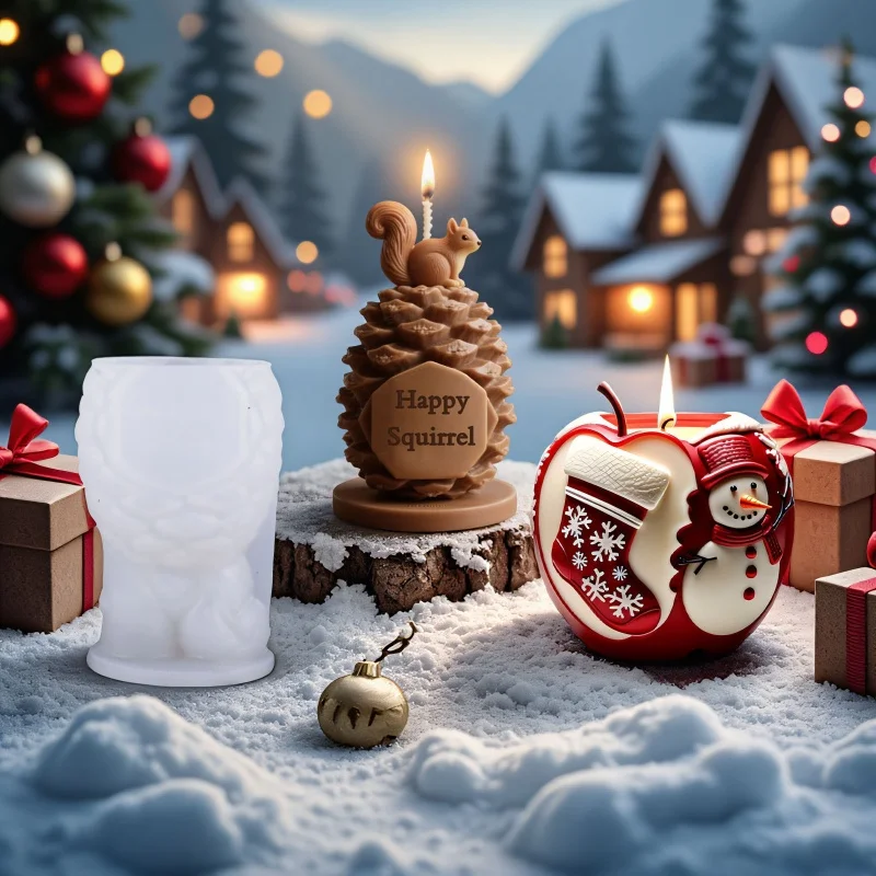 Handmade Decor DIY 3D Christmas Silicone Mold Apple Snowman Pinecone elk Shape For Aromatherapy Candle Making Xmas Atmosphere