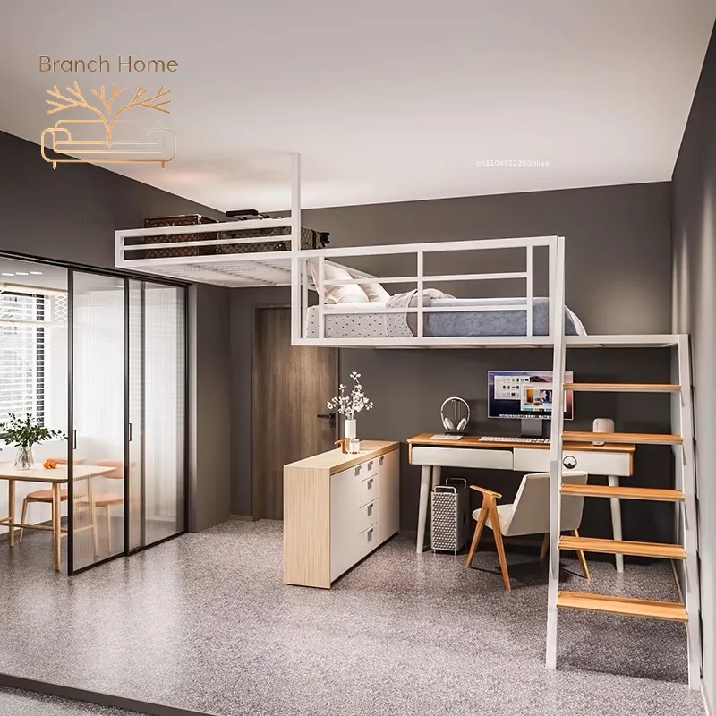 Wrought iron loft bed shop compartment apartment duplex two-story elevated bed custom wall-mounted dormitory wrought iron