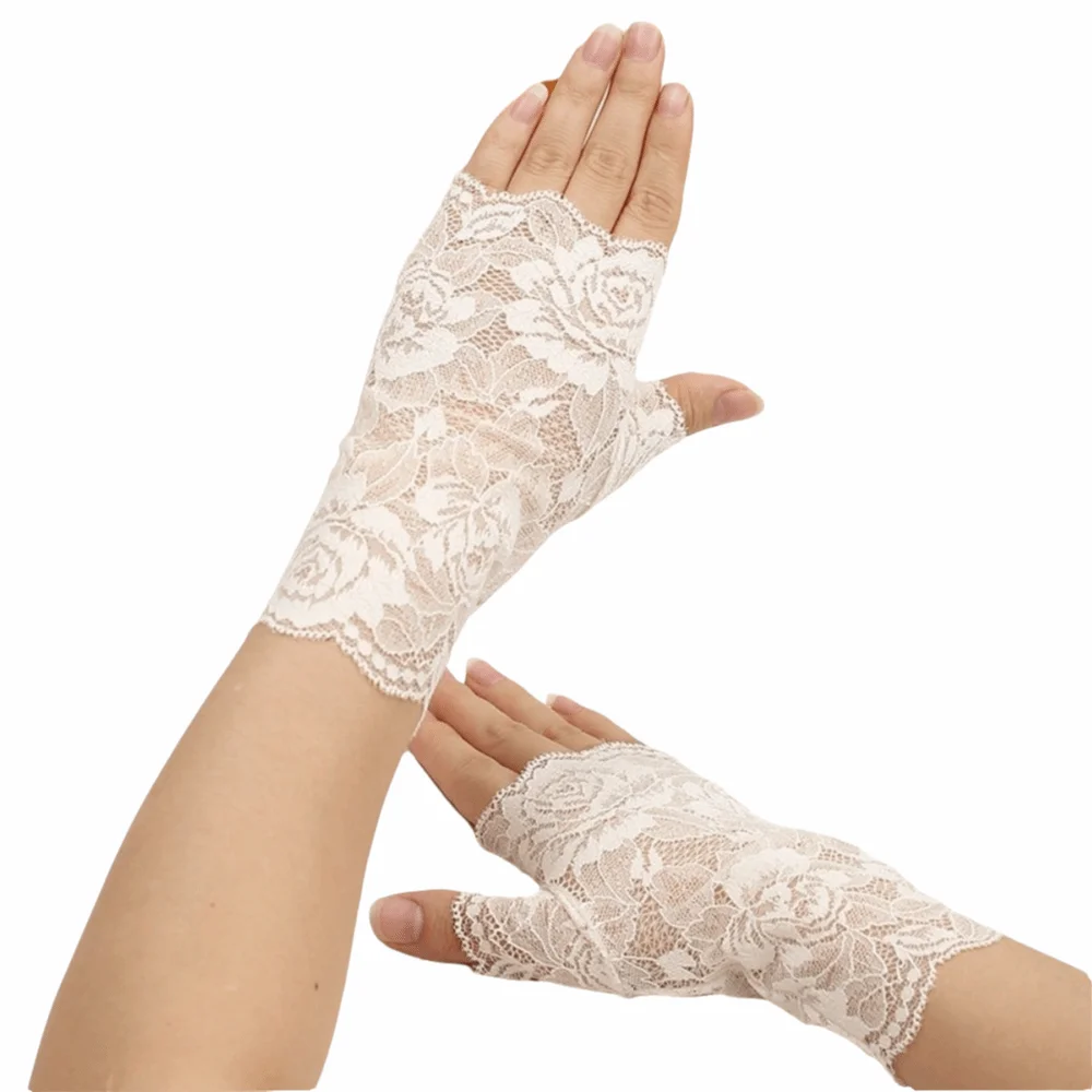 Flower Pattern Lace Sunscreen Gloves Breathable Mesh Thin Fabric Fingerless Gloves Exposed Finge Sun Protection