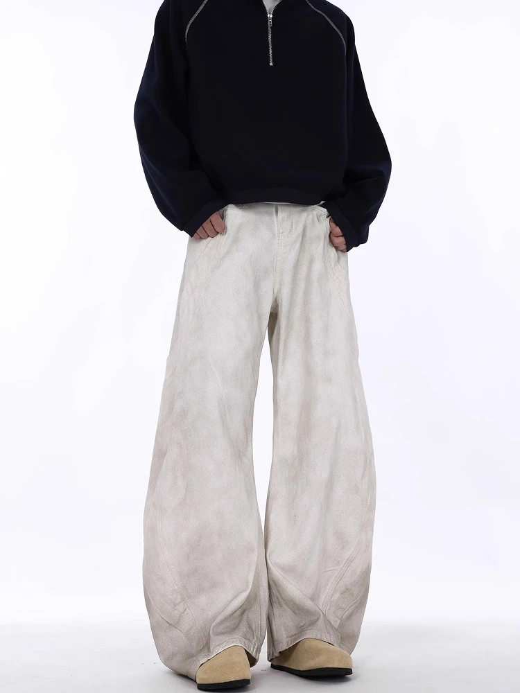 الرجعية الأمريكية الثقيلة دو Waed الأبيض الملون تفكيك سكين الجينز الرجال النساء فضفاضة مستقيم واسعة الساق الطابق طول السراويل