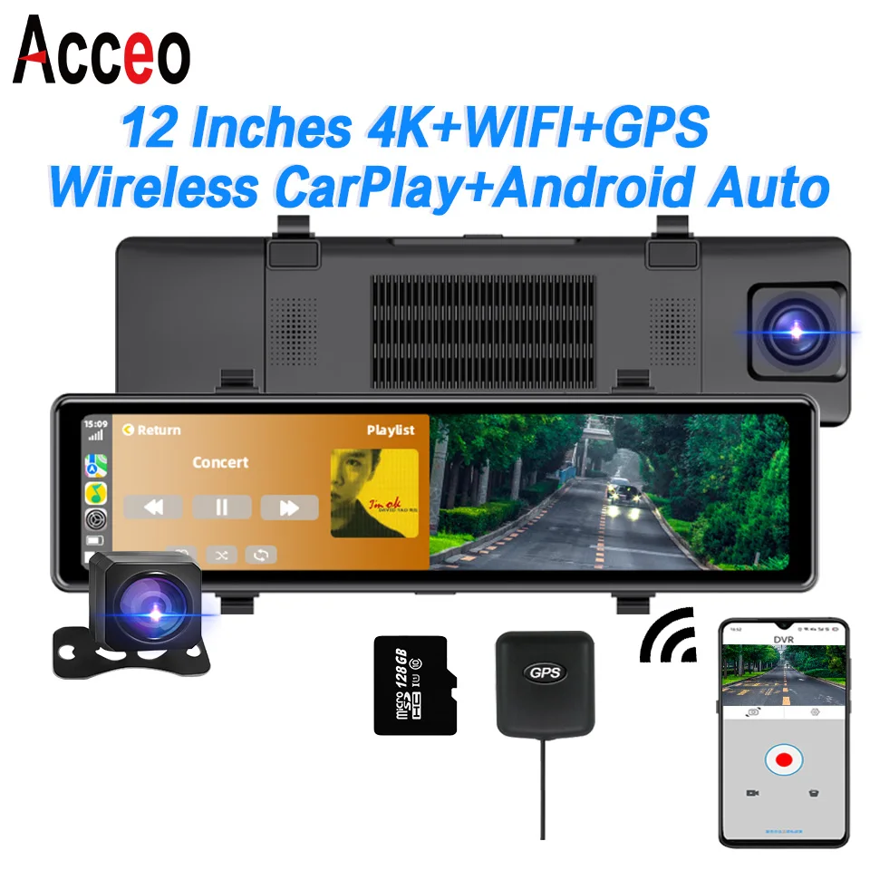 Dash Cam 4K Wireless Carplay Sony 415 Video Recorder Car CVR RearView Mirror Android Auto Support Rear View Cameras for Car