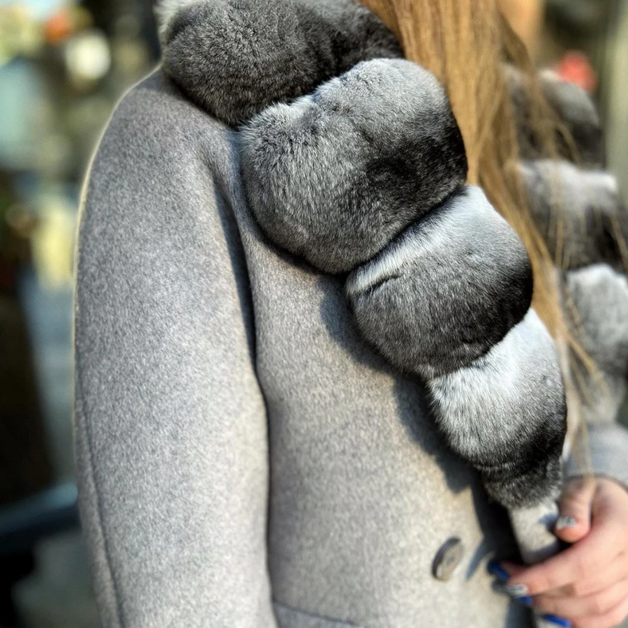 Manteau en vraie fourrure de lapin Chinchilla Rex, vêtements de luxe pour femmes, manteau en laine blanche avec col en fourrure de lapin, chaud, 2022